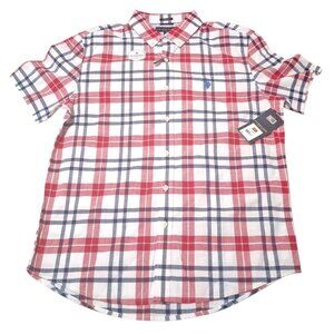 NWT U.S POLO ASSN Mens Red White Blue Plaid Button Up Short Sleeve Shirt Sz 2XL